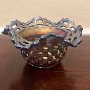 Vintage FentonBlue Carnival Glass  Basketweave - Pinecone Dish
